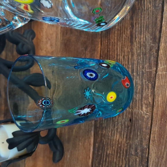 Vintage Murano Glass Leonardo Millifiore Flower Pitcher and Two Blue Glasses - Picture 3 of 12